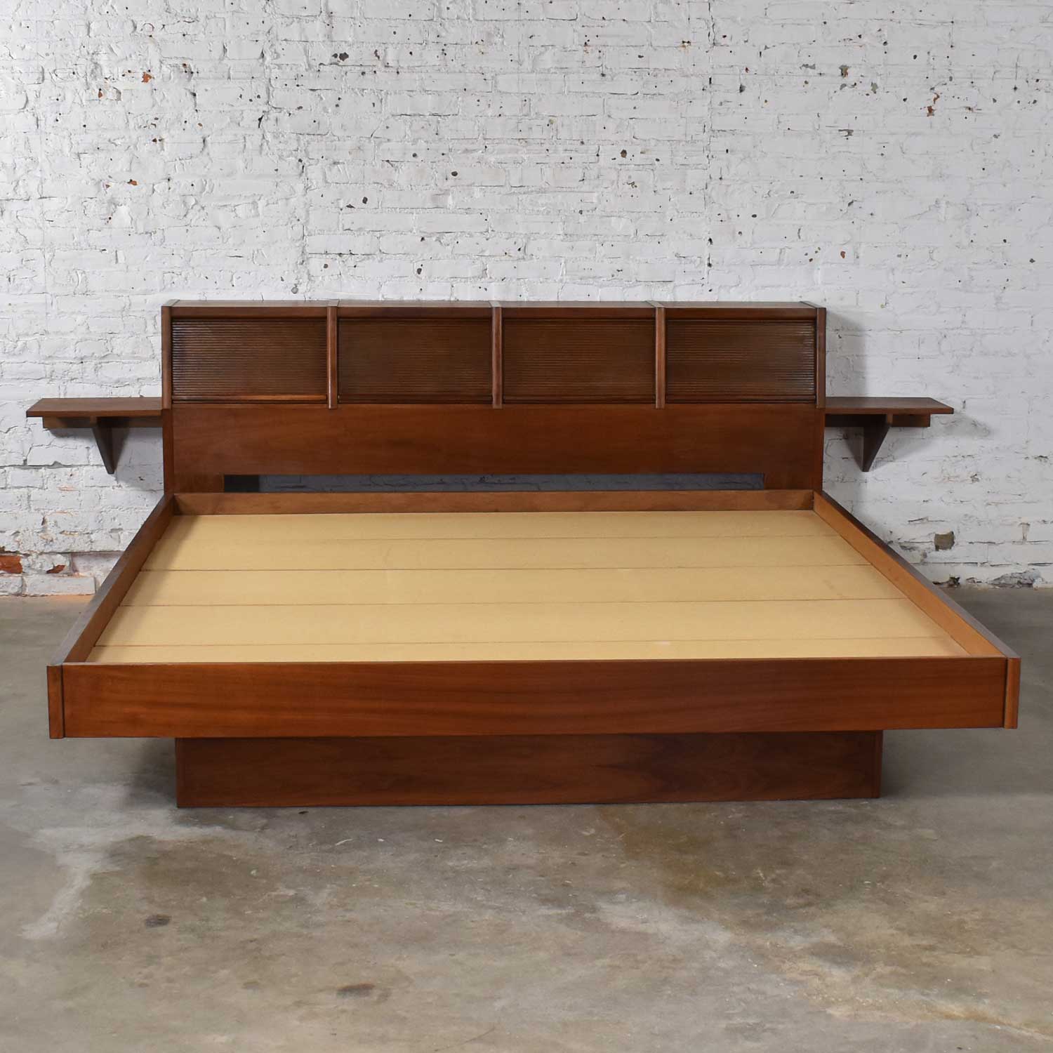 Walnut Scandinavian Modern Style King Bookcase Platform Bed w Tambour