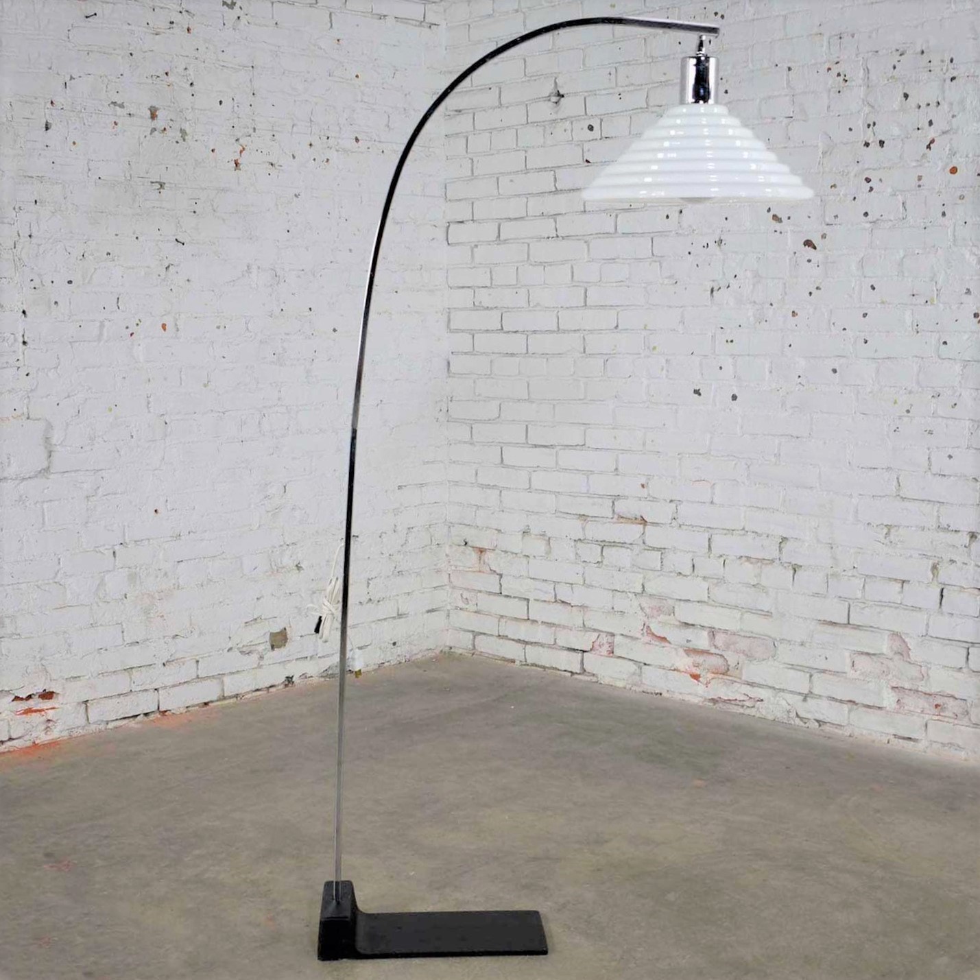 Vintage Modern Chrome Arc Floor Lamp with White Glass Shade