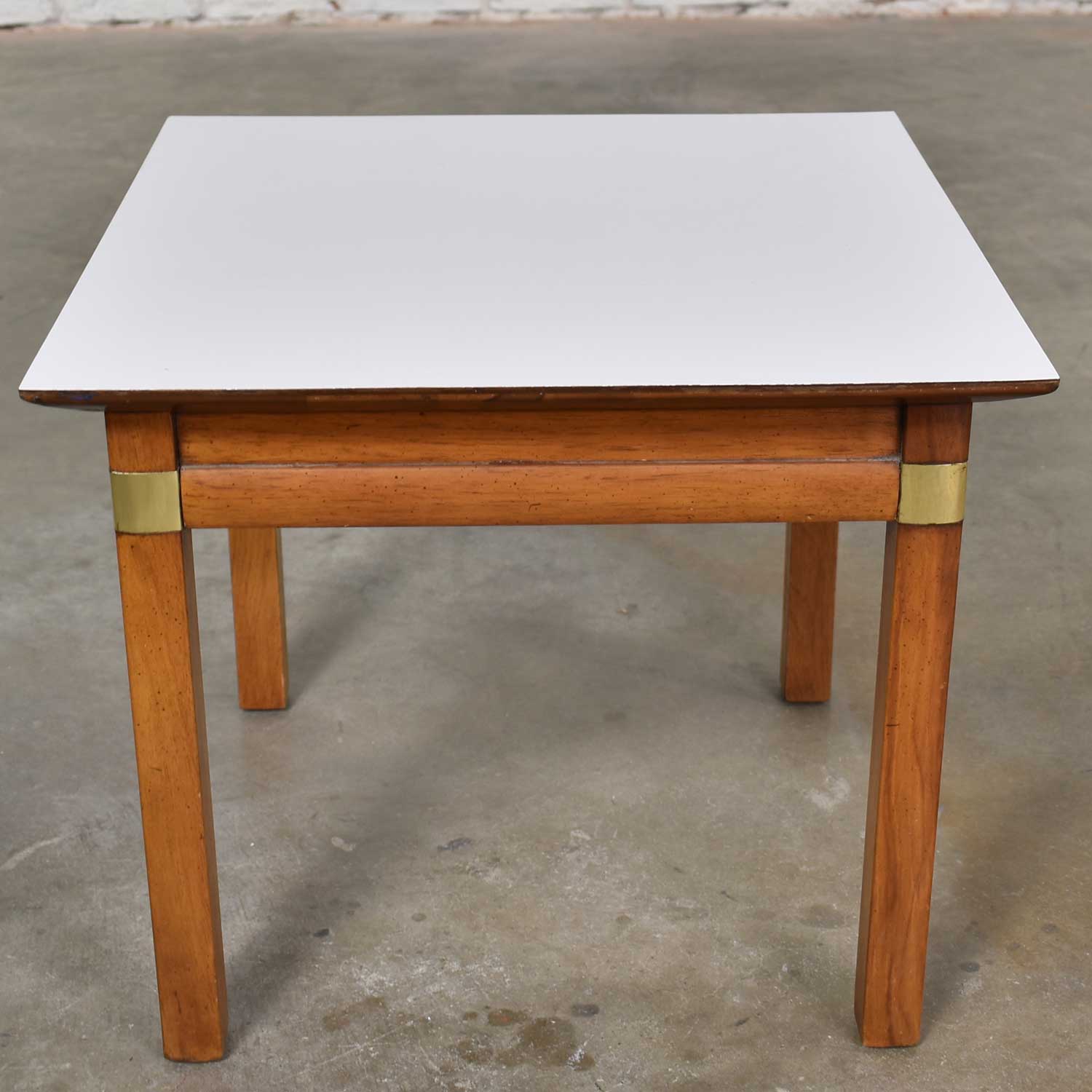 Campaign Style Square Side Table with White Laminate Top by Hickory Furniture Mfg.