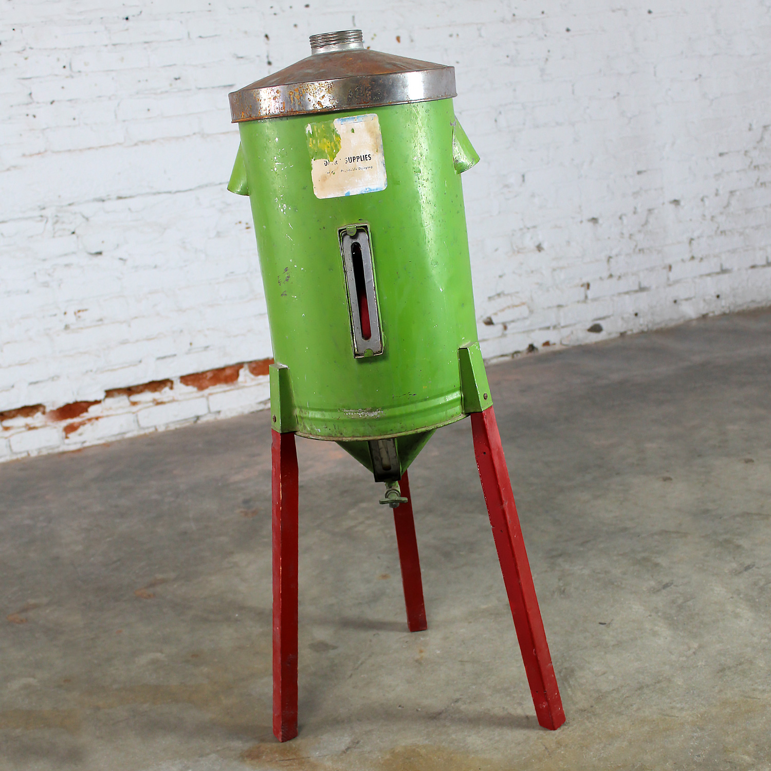 Early to Mid-20th Century Antique Rustic Gravity Cream Separator Green Metal Can on Red Legs