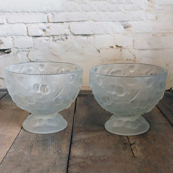 Vintage Frosted Glass Serving Compotes with Raised Cherry Design Motif