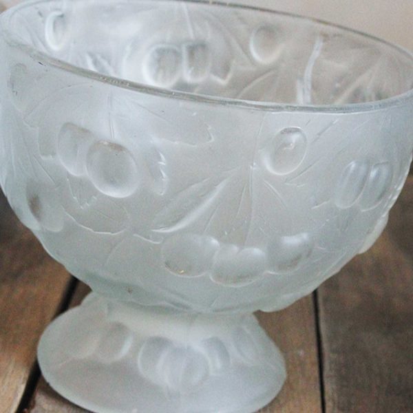 Vintage Frosted Glass Serving Compotes with Raised Cherry Design Motif