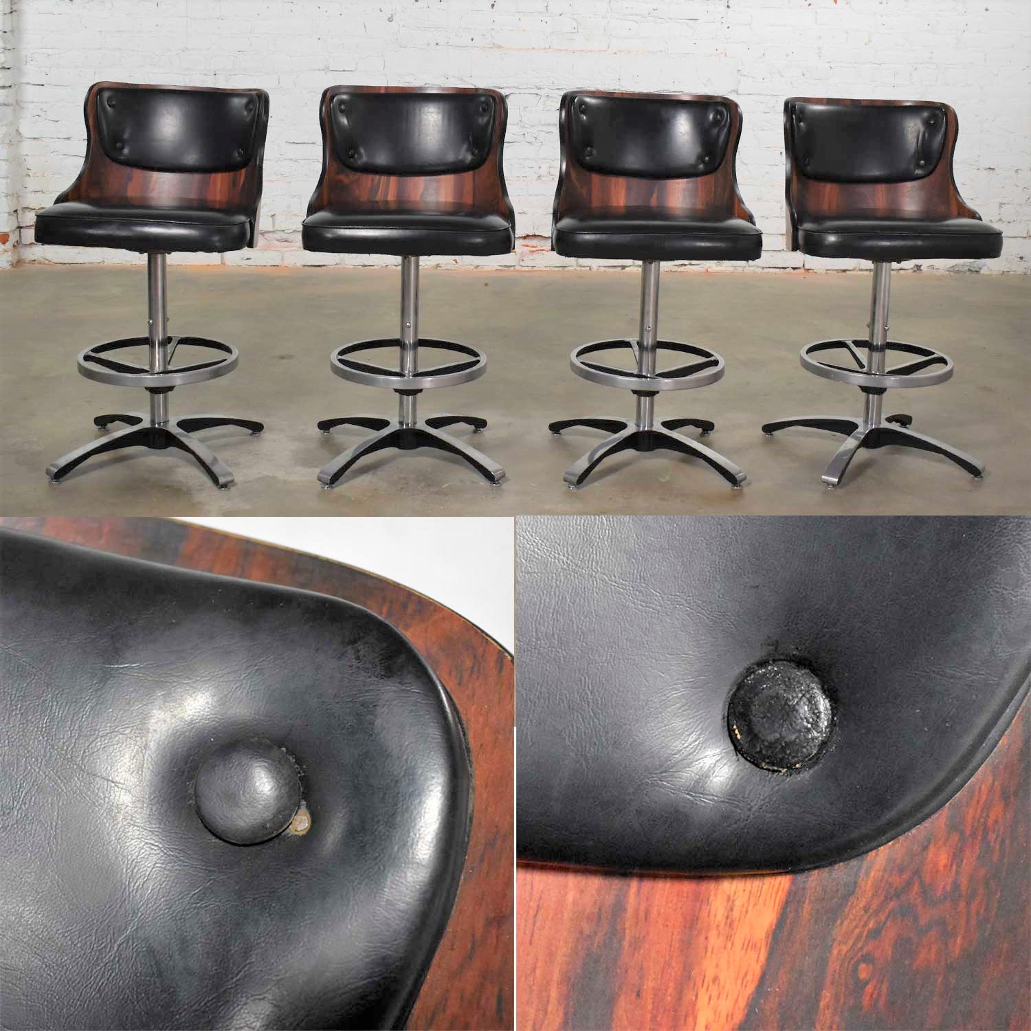 Vintage Modern Daystrom Adjustable Black Bar Stools Molded Curved Backs Set 4