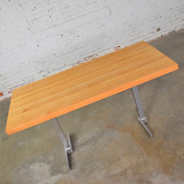 Vintage Modern Maple Butcherblock Top Dining Worktable on Hand Polished Steel Legs