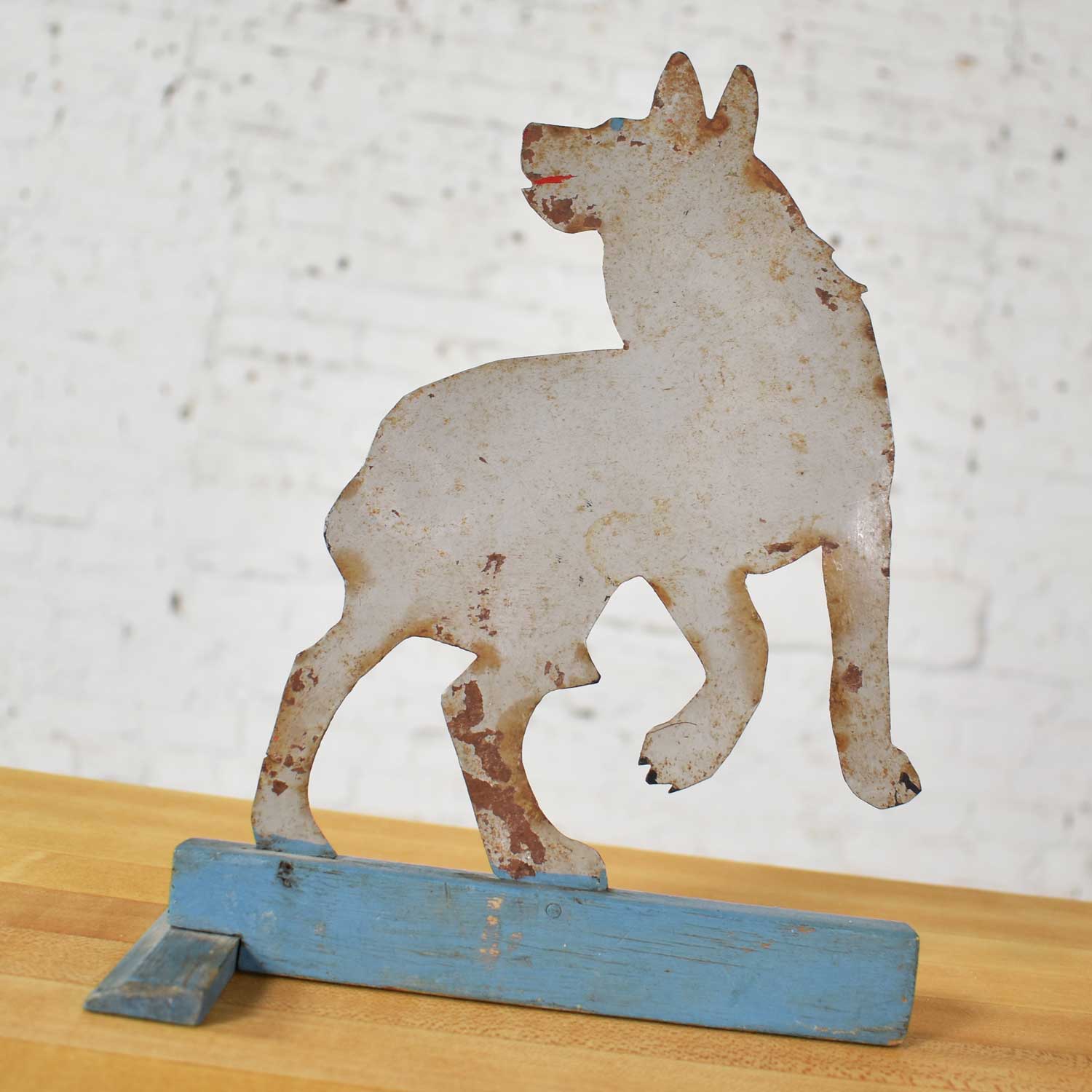 Antique Dog or Wolf Tin Cutout and Painted Folk Art Sculpture on a Wood Base