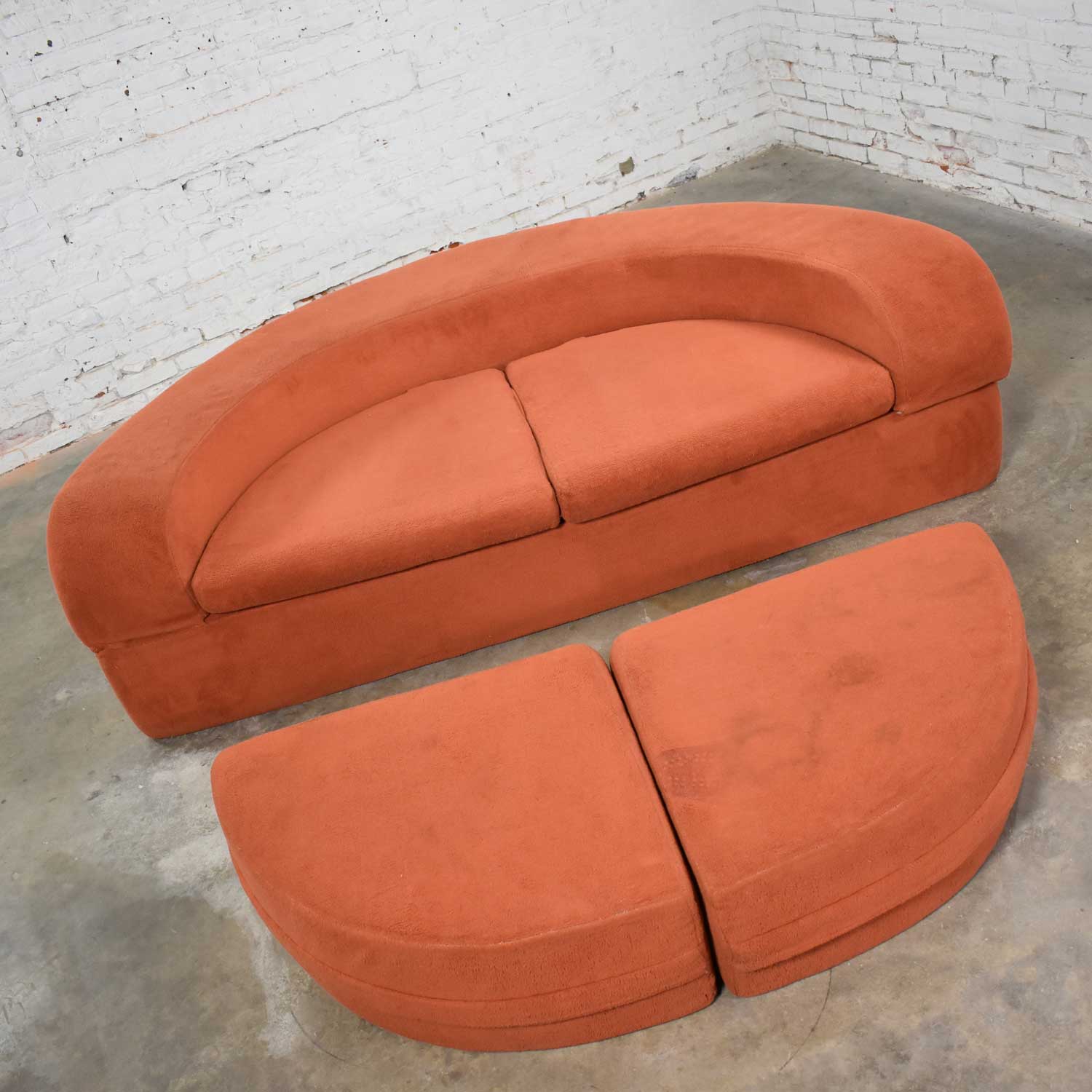 Mod Round Sleeper Sofa with Ottomans in Orange Fuzzy Fabric by Spherical Furniture