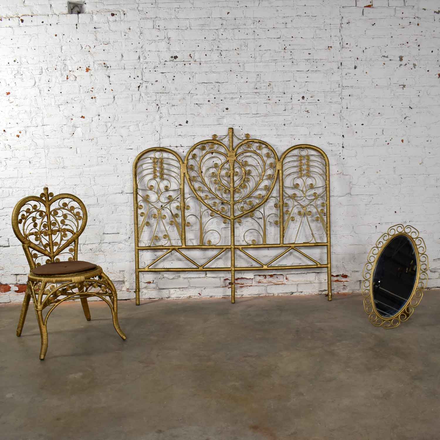 Hollywood Regency Bohemian Bedroom Trio Gold Wicker Headboard Heart Chair & Mirror