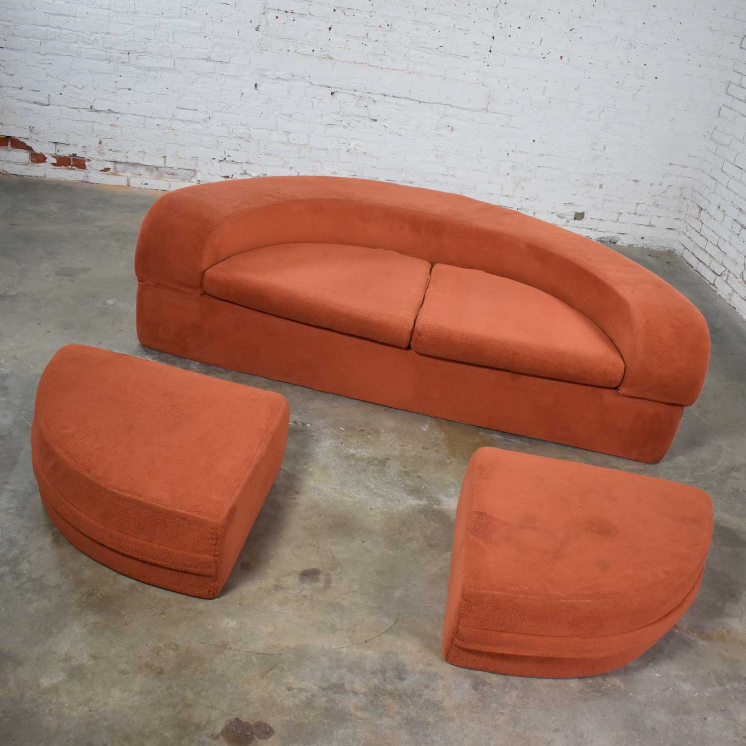 Mod Round Sleeper Sofa with Ottomans in Orange Fuzzy Fabric by Spherical Furniture
