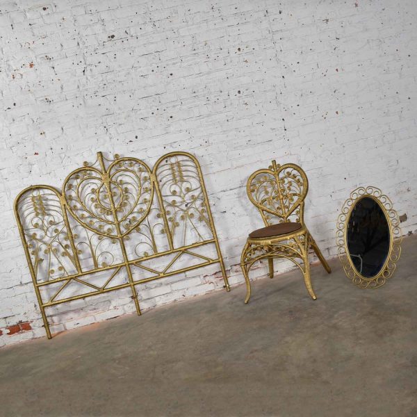 Hollywood Regency Bohemian Bedroom Trio Gold Wicker Headboard Heart Chair & Mirror