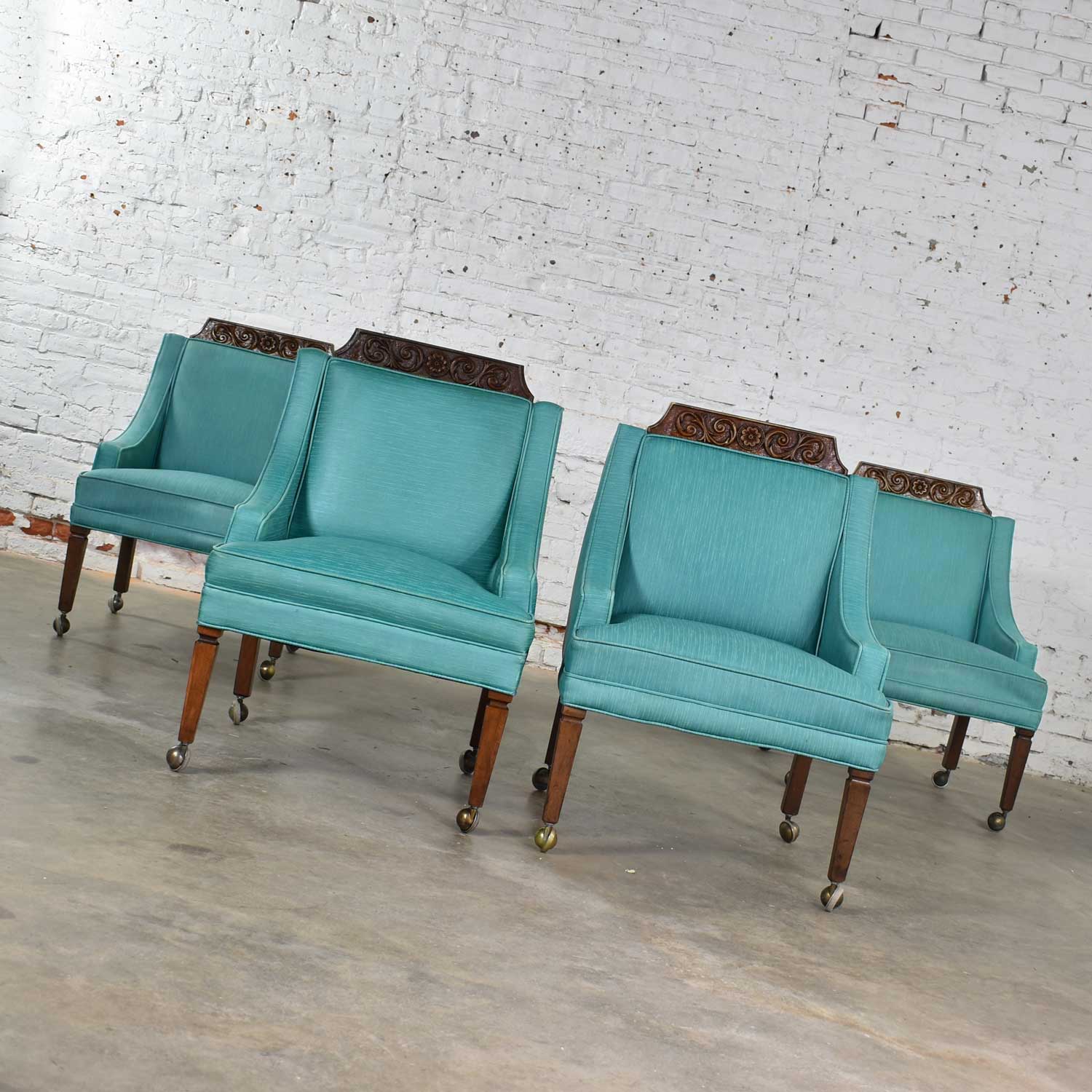 Set of 4 Spanish Style Rolling Game Chairs with Turquoise Vinyl Original Upholstery