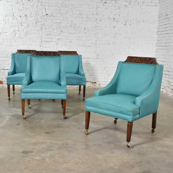 Set of 4 Spanish Style Rolling Game Chairs with Turquoise Vinyl Original Upholstery