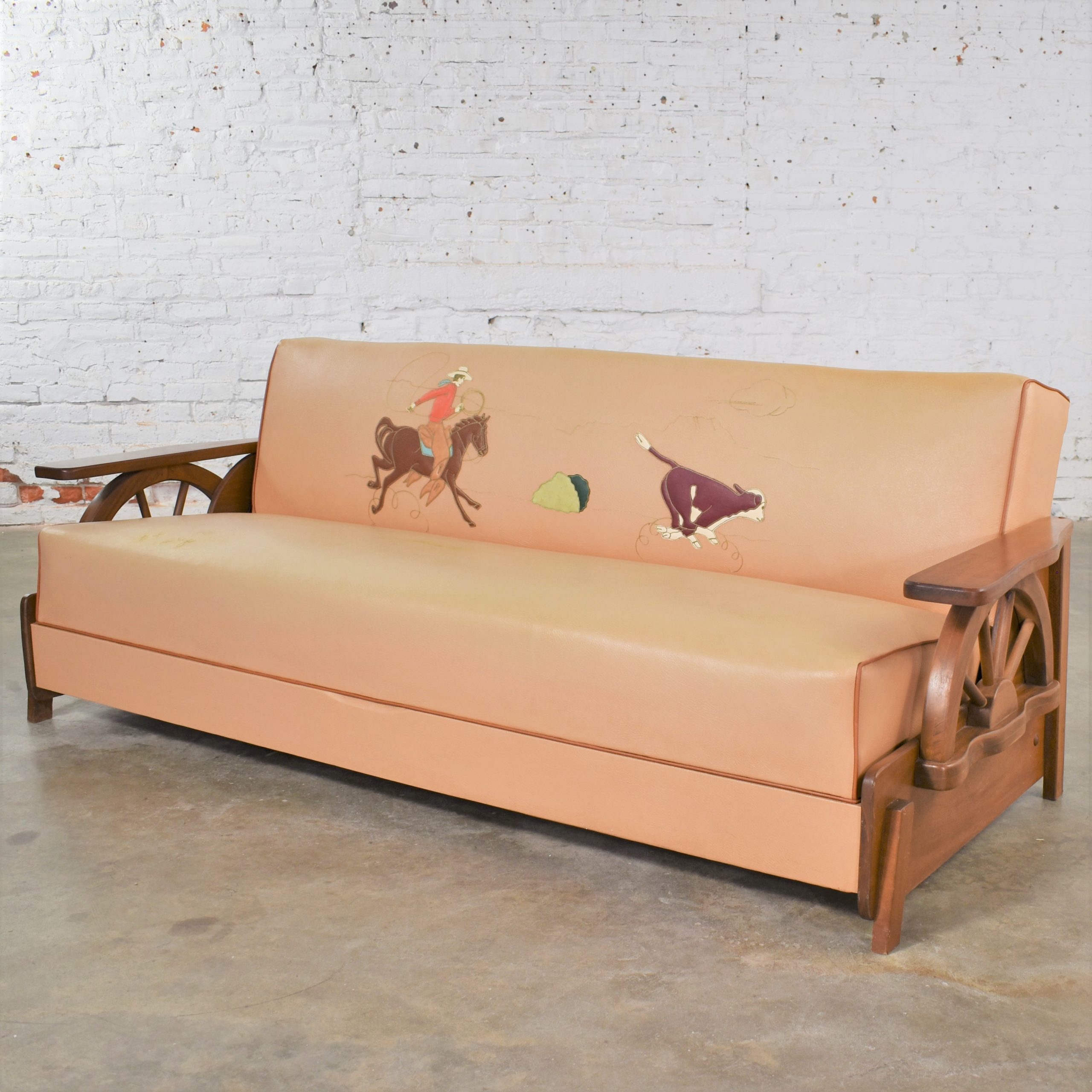 Mid Century Cowboy Western Wagon Wheel Convertible Dude Ranch Sofa