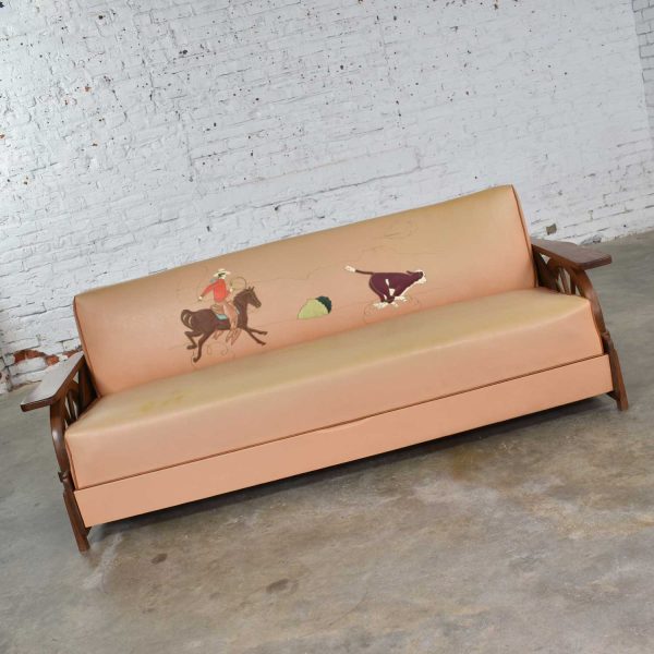 Mid Century Cowboy Western Wagon Wheel Convertible Dude Ranch Sofa