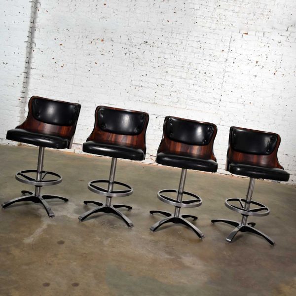 Vintage Modern Daystrom Adjustable Black Bar Stools Molded Curved Backs