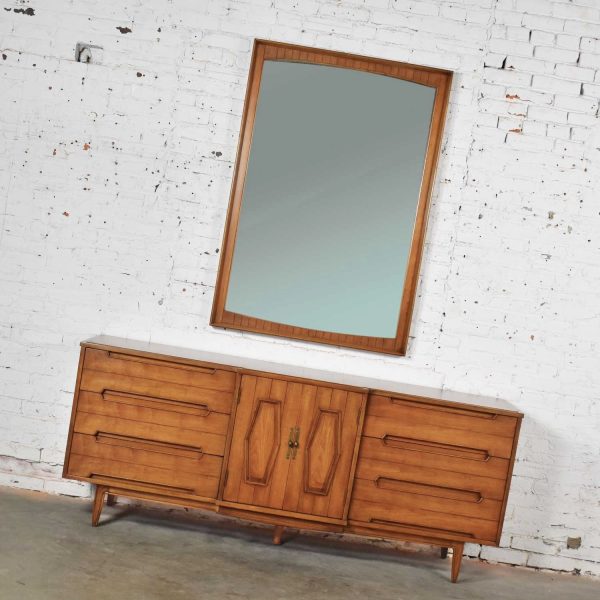 Mid Century Credenza Dresser with Mirror and Hexagon Paneled Design