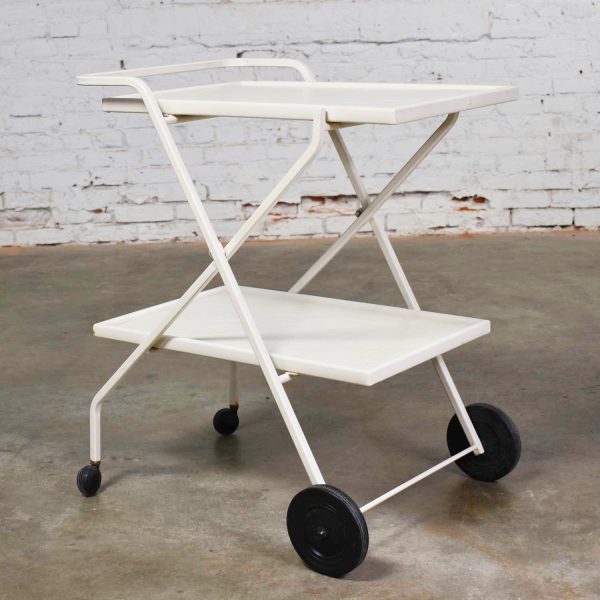 Mid Century Modern Samsonite Tiered Patio Drink Cart of Fiberglass and Enameled Steel Tube in White