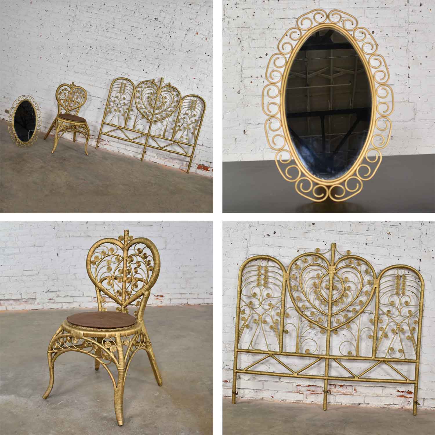 Hollywood Regency Bohemian Bedroom Trio Gold Wicker Headboard Heart Chair & Mirror