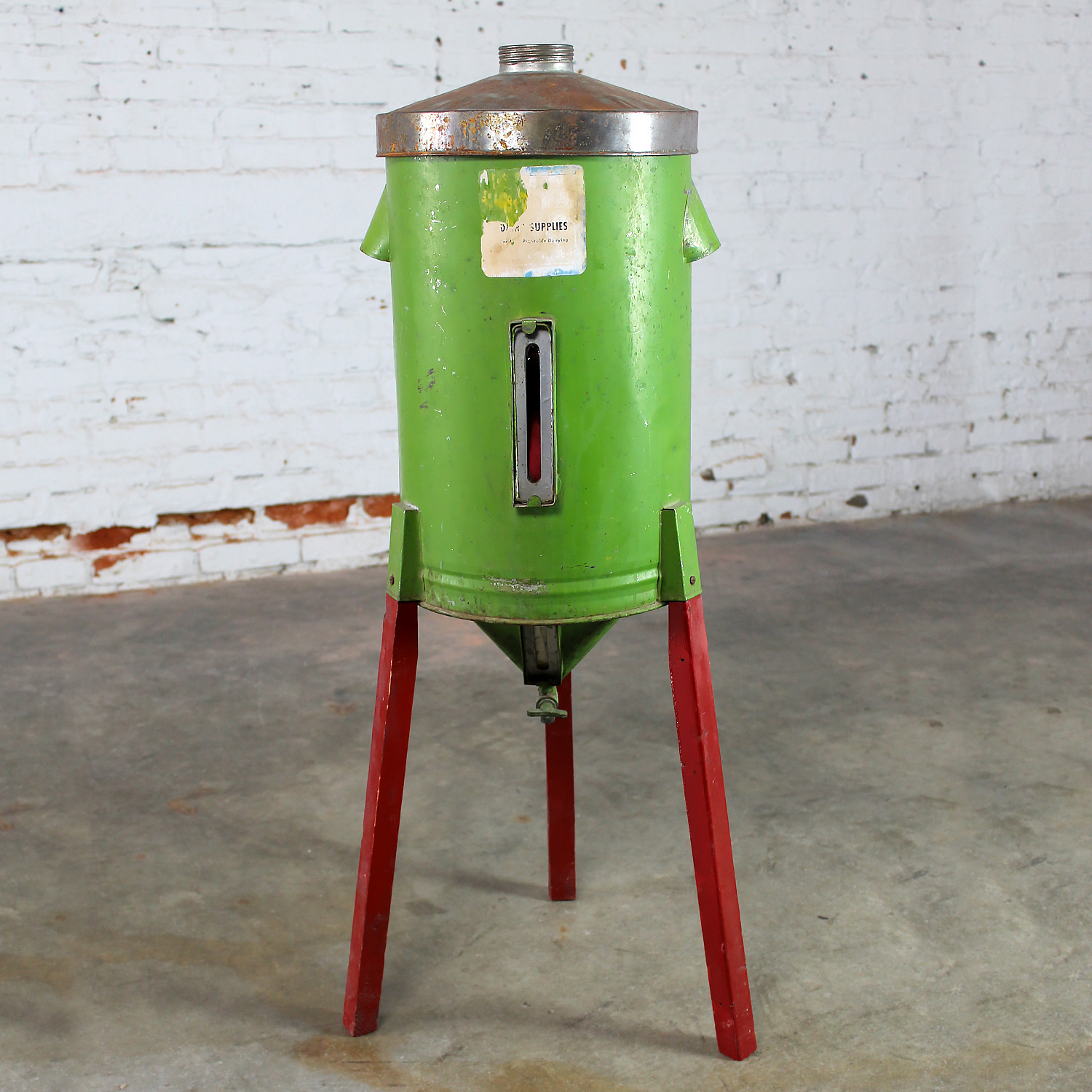 Early to Mid-20th Century Antique Rustic Gravity Cream Separator Green Metal Can on Red Legs