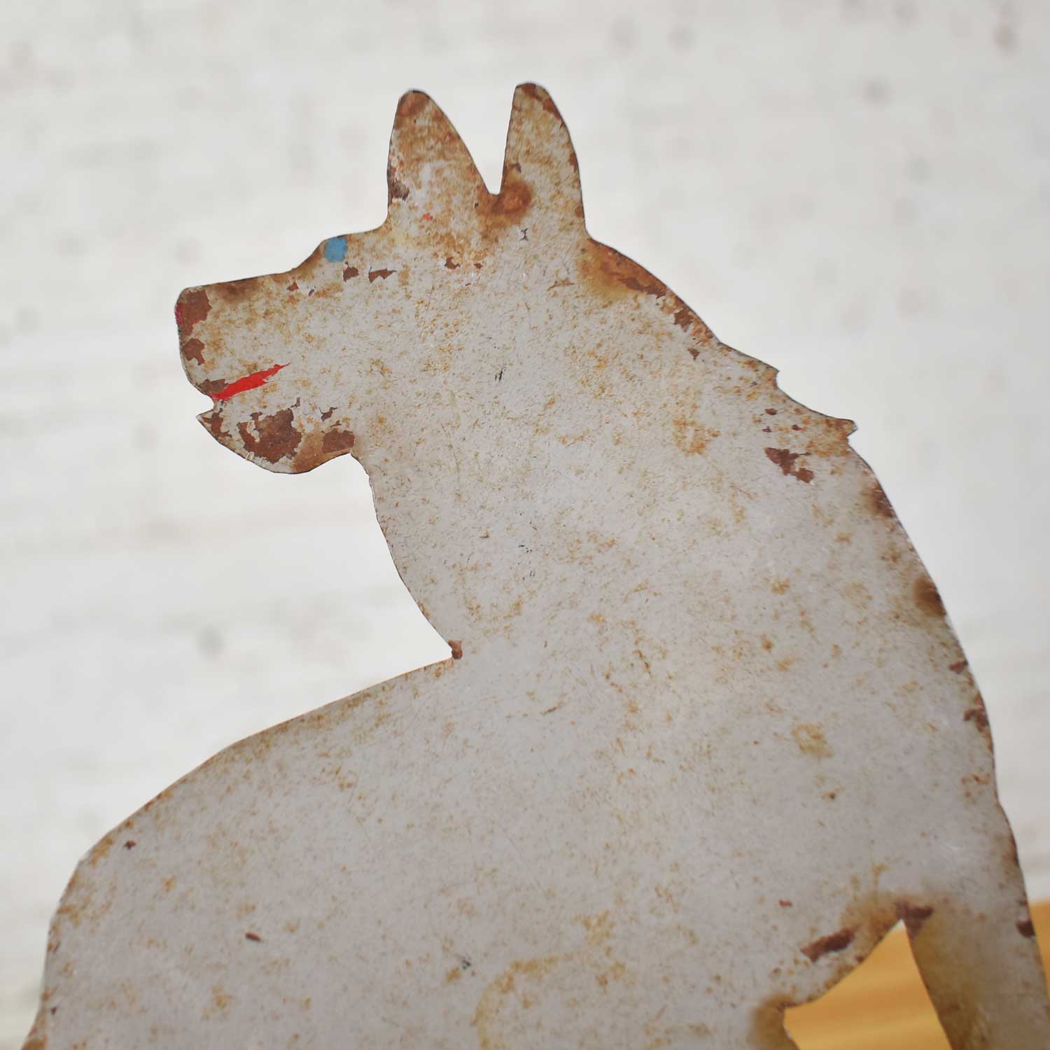 Antique Dog or Wolf Tin Cutout and Painted Folk Art Sculpture on a Wood Base
