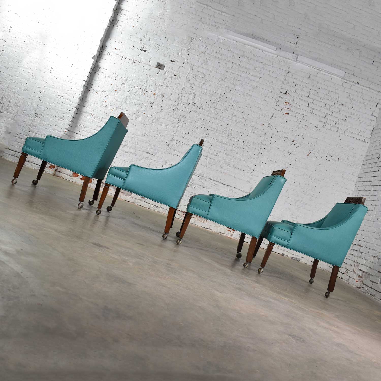 Set of 4 Spanish Style Rolling Game Chairs with Turquoise Vinyl Original Upholstery