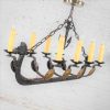 Antique Viking Longboat Ship Cast Iron Chandelier with Horse Head and Shields