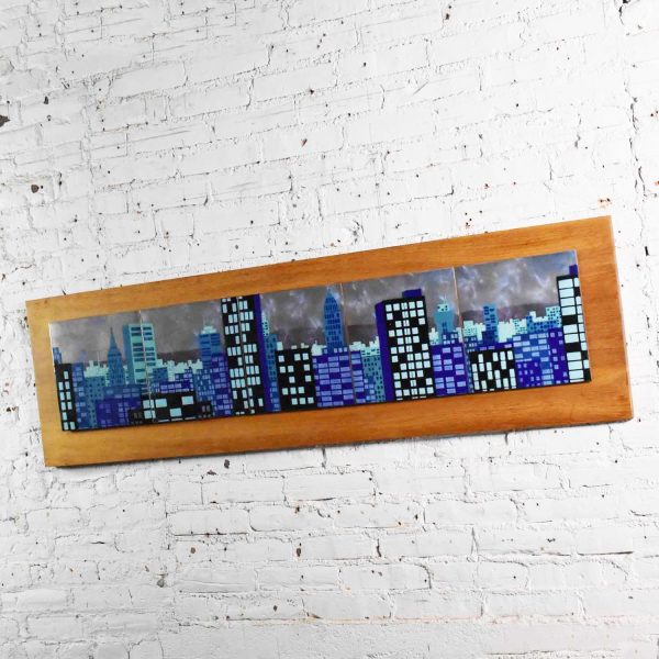 Mid Century Modern Enamel on Copper Tile Cityscape Wall Art Style of Judith Daner