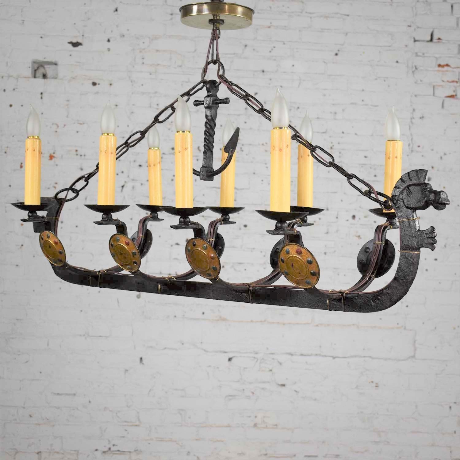 Antique Viking Longboat Ship Cast Iron Chandelier with Horse Head and Shields
