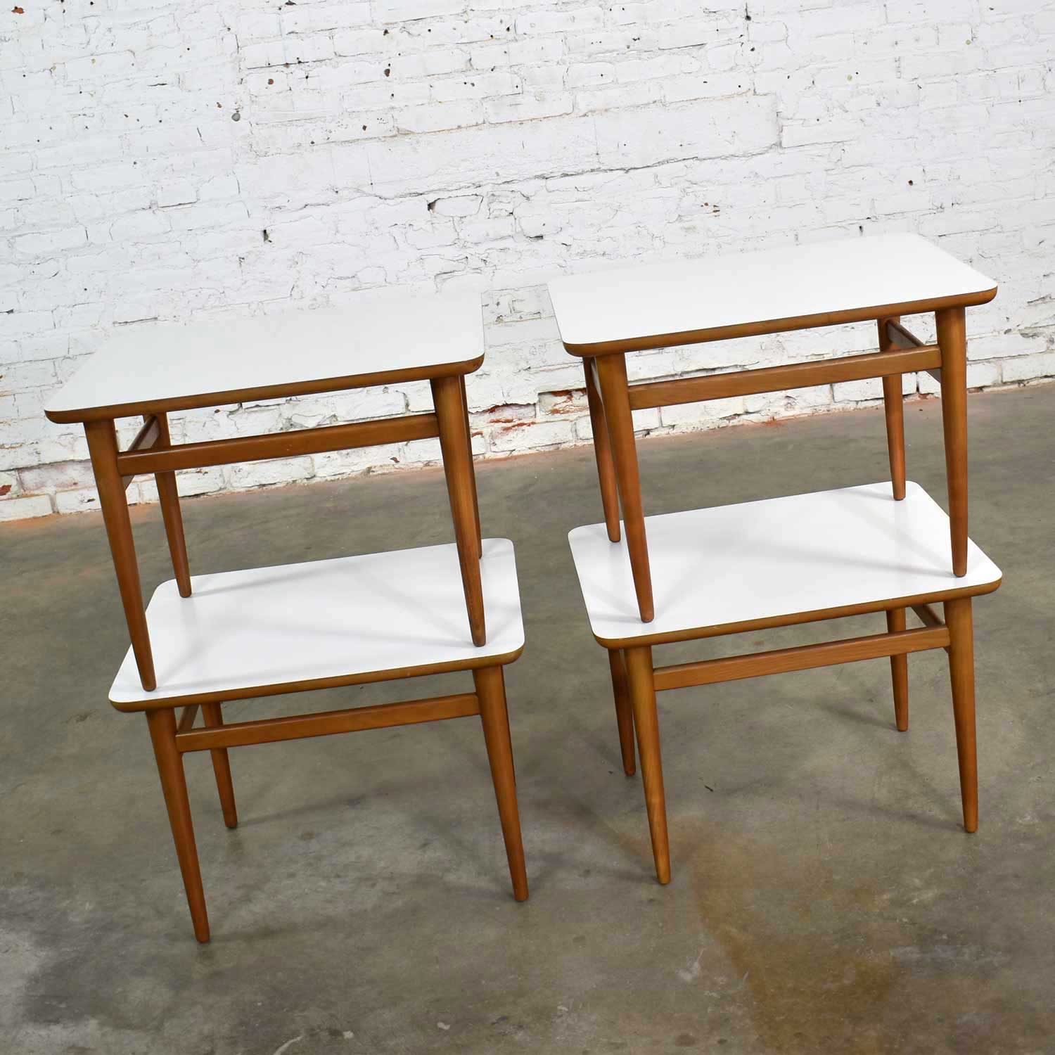 Set of 4 Mid Century Modern Birch Side Tables with White Laminate Tops & Tapered Legs