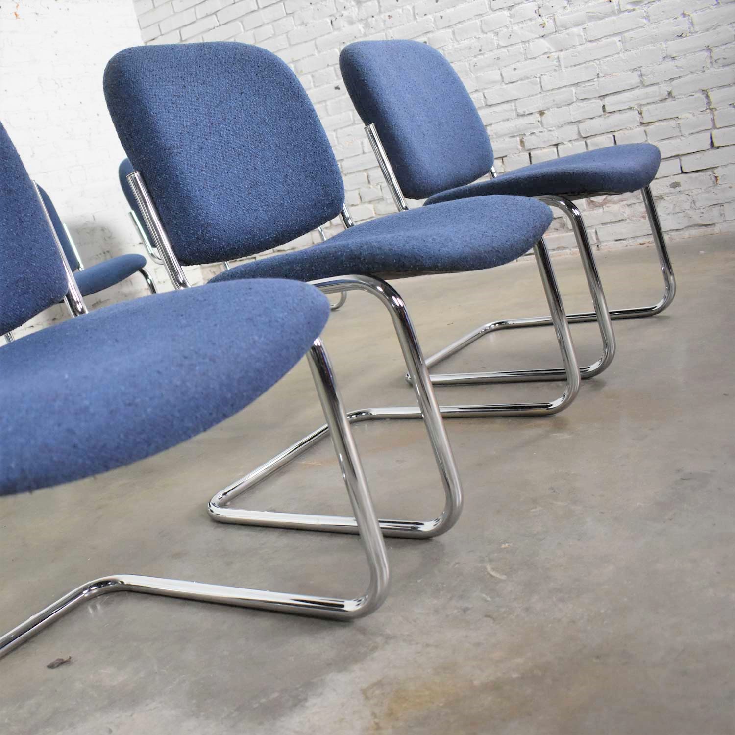 Vintage Tubular Chrome and Blue Fabric Cantilever Lounge Chair Armless Slipper Style, 7 Available