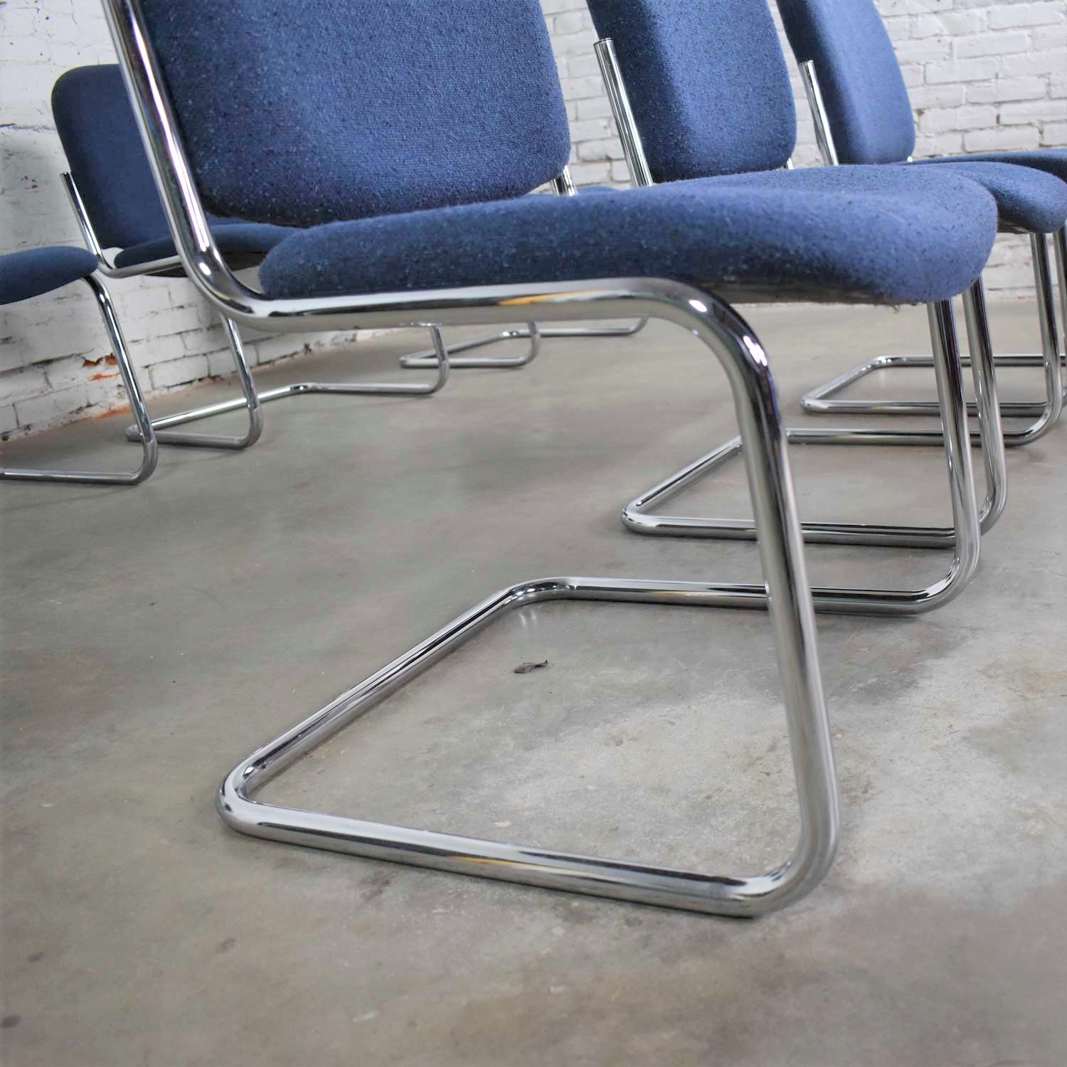 Vintage Tubular Chrome and Blue Fabric Cantilever Lounge Chair Armless Slipper Style, 7 Available