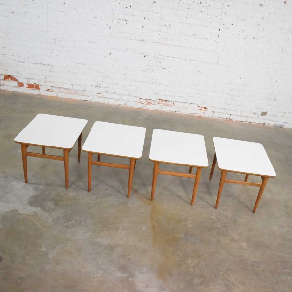 Set of 4 Mid Century Modern Birch Side Tables with White Laminate Tops & Tapered Legs