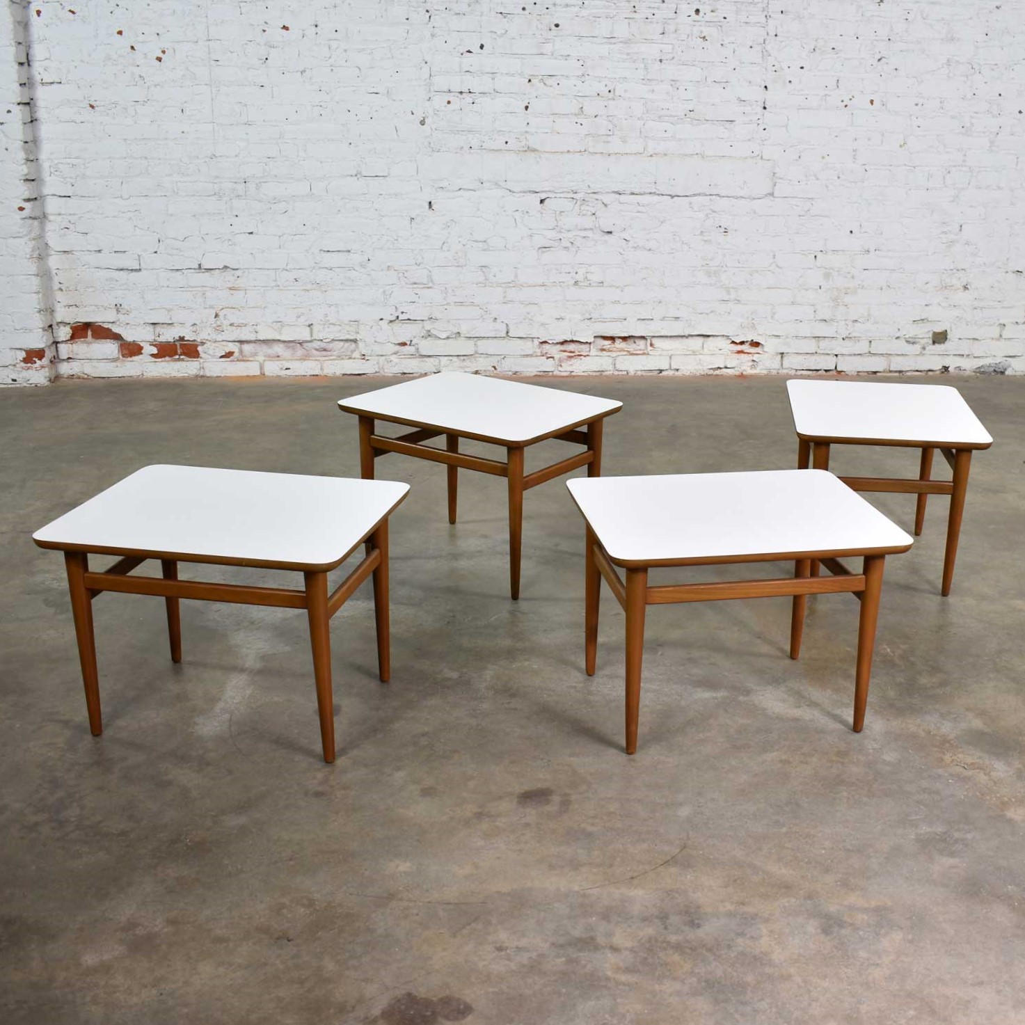 Set of 4 Mid Century Modern Birch Side Tables with White Laminate Tops & Tapered Legs
