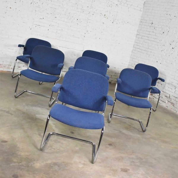 Vintage Tubular Chrome and Blue Fabric Cantilever Lounge Chair with Arms, 7 Available