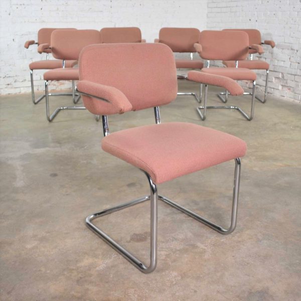 Set Of 7 Cantilevered Chrome and Mauve Breuer Cesca Style Dining Chairs by Virco