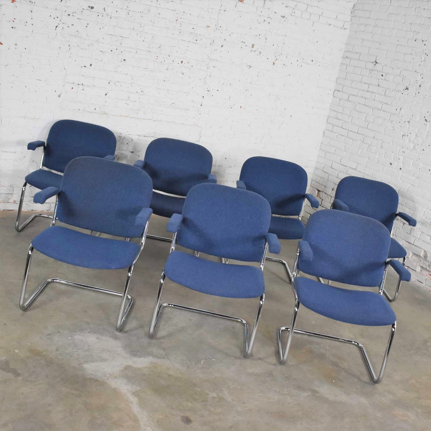Vintage Tubular Chrome and Blue Fabric Cantilever Lounge Chair with Arms, 7 Available