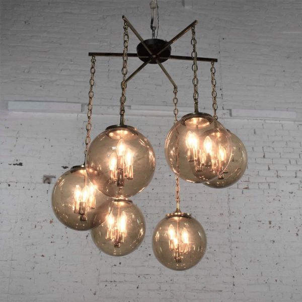 Lightcraft of California Chandelier with 6 Cascading Smoke Glass Orb Globes Brass Star Canopy