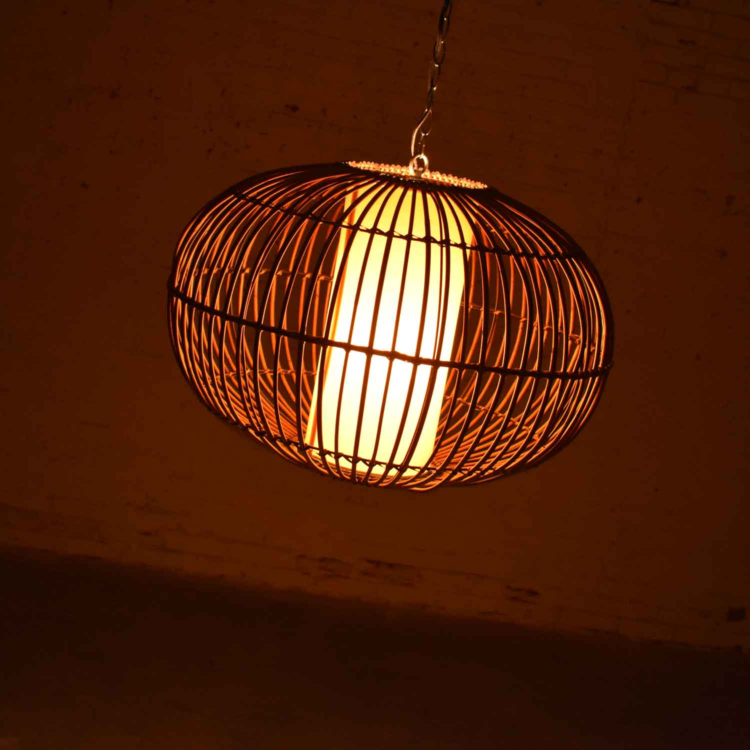 Vintage MCM Rattan Cage Pendant Chandelier with Interior Shade after Franco Albini