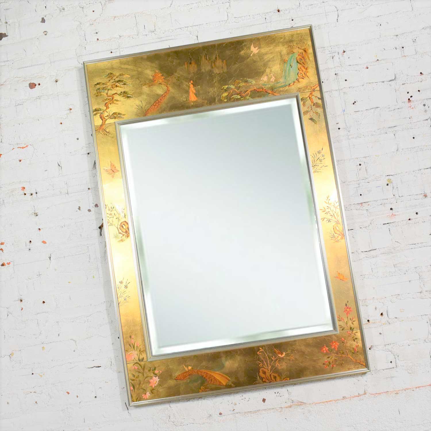 Vintage Églomisé Reverse Painted Chinoiserie Gold-Tone Wall Mirror by La Barge
