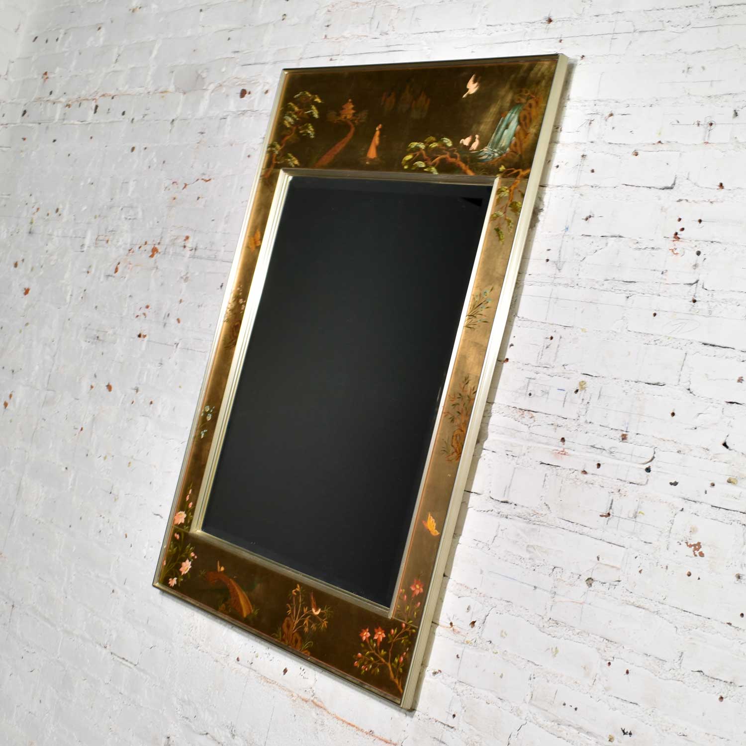 Vintage Églomisé Reverse Painted Chinoiserie GoldTone Wall Mirror by La Barge warehouse 414