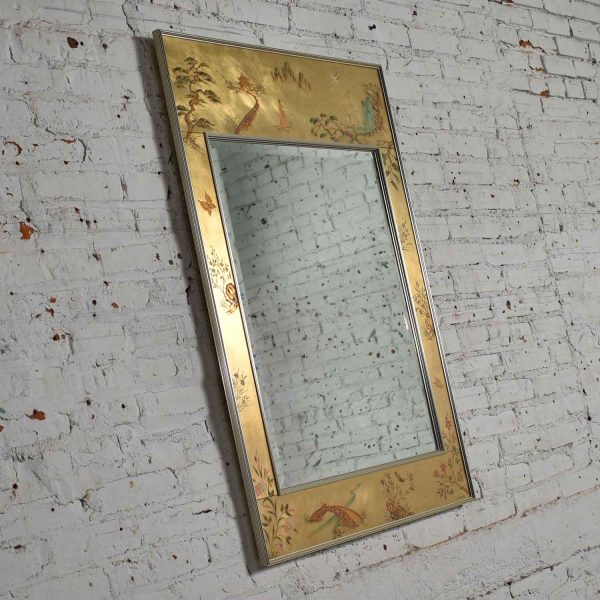 Vintage Églomisé Reverse Painted Chinoiserie Gold-Tone Wall Mirror by La Barge