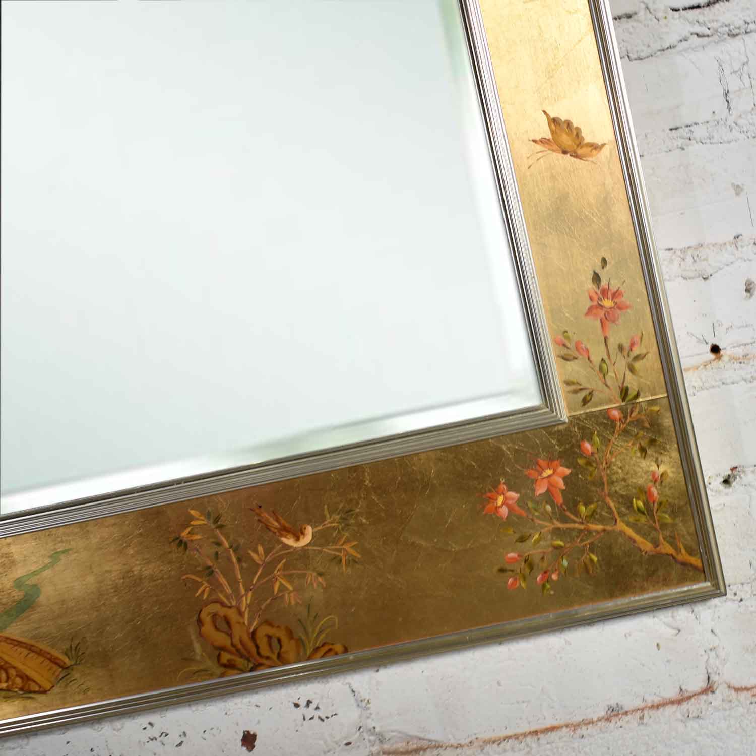 Vintage Églomisé Reverse Painted Chinoiserie Gold-Tone Wall Mirror by La Barge