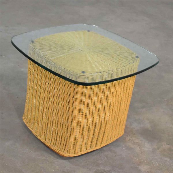 Rattan Wicker Organic Modern Side Table with Thick Glass Top