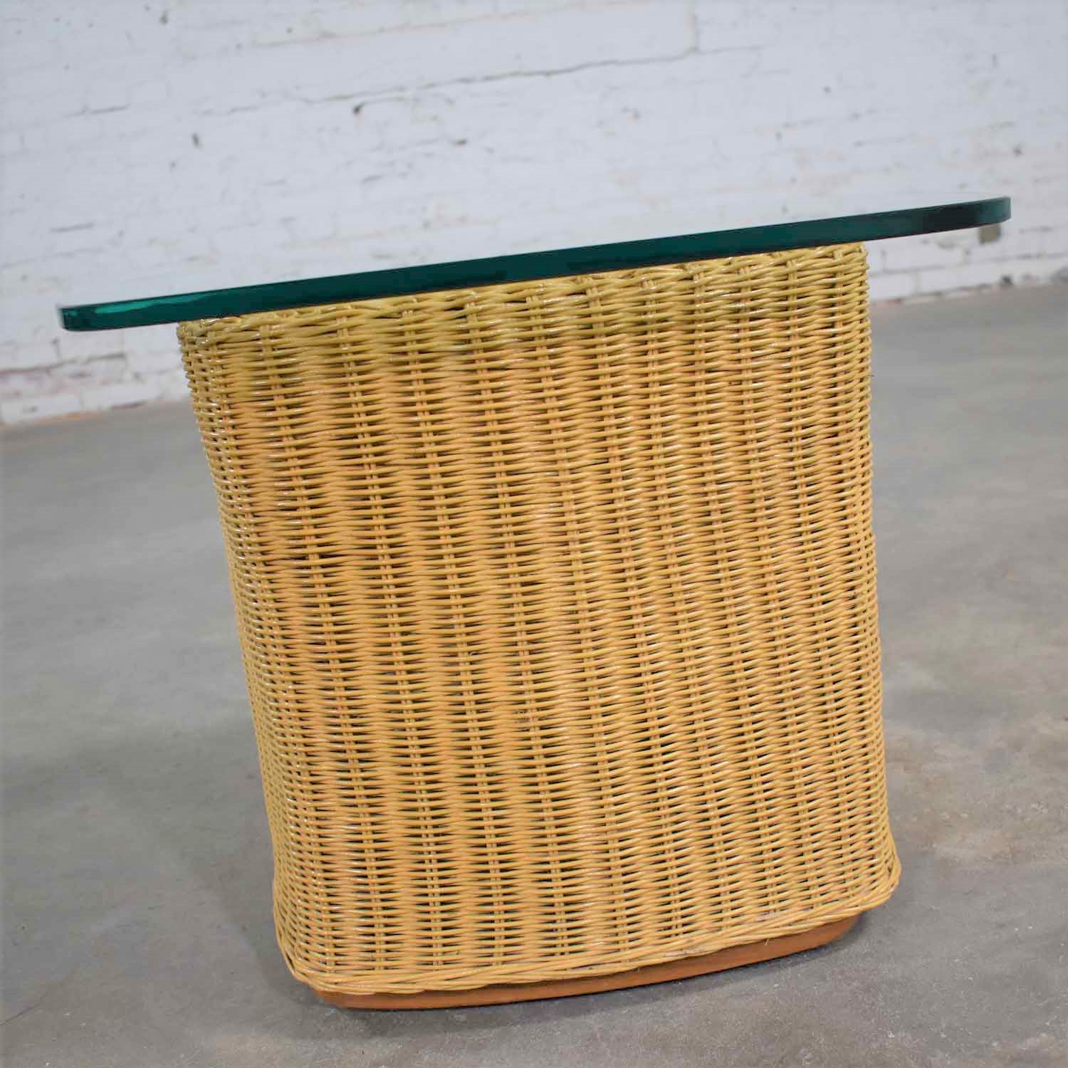 Rattan Wicker Organic Modern Side Table with Thick Glass Top