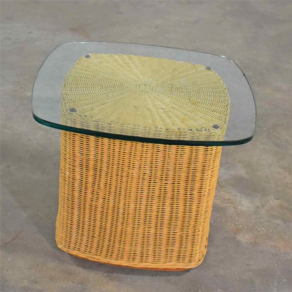 Rattan Wicker Organic Modern Side Table with Thick Glass Top