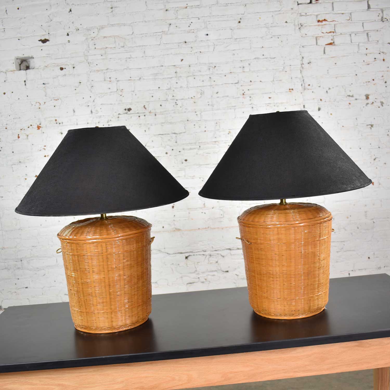 Vintage Pair of Woven Rattan Wicker Basket Lamps with Black Coolie Shades