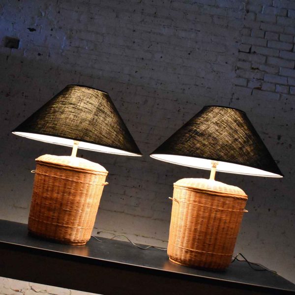 Vintage Pair of Woven Rattan Wicker Basket Lamps with Black Coolie Shades