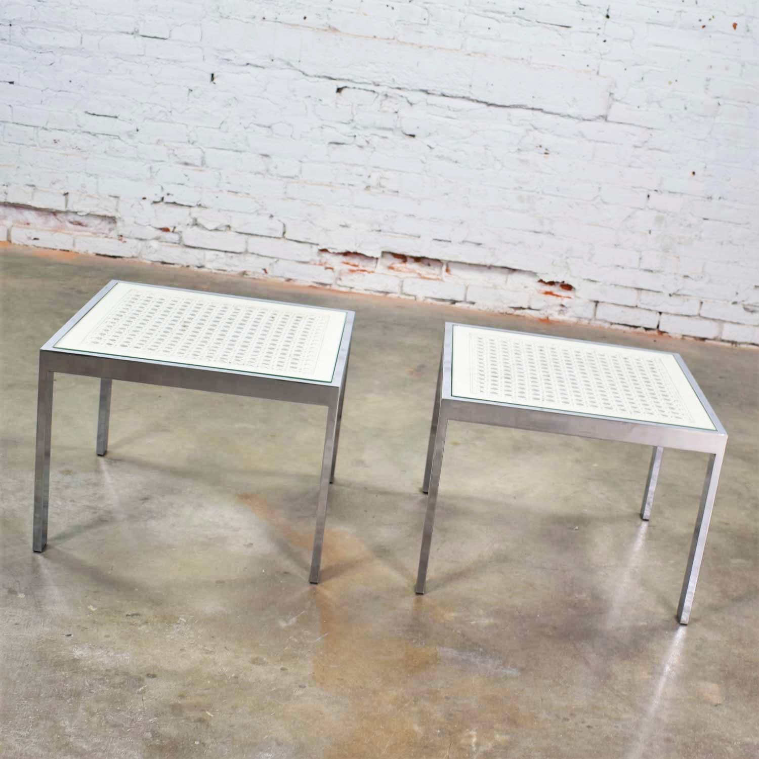 Pair Chrome and White Cane Square Side Tables Glass Top Mid Century Modern to Modern