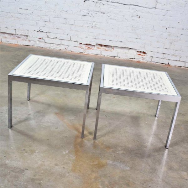 Pair Chrome and White Cane Square Side Tables Glass Top Mid Century Modern to Modern