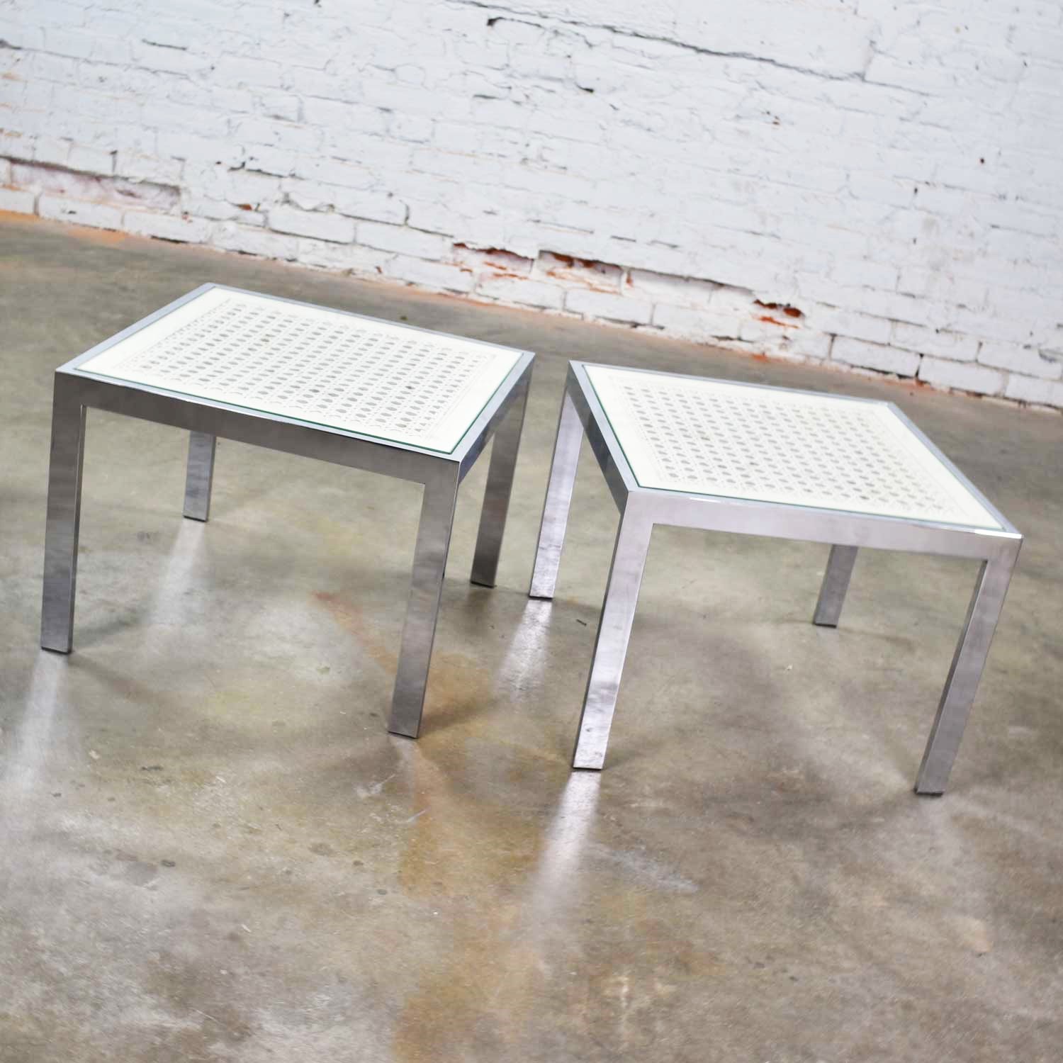 Pair Chrome and White Cane Square Side Tables Glass Top Mid Century Modern to Modern