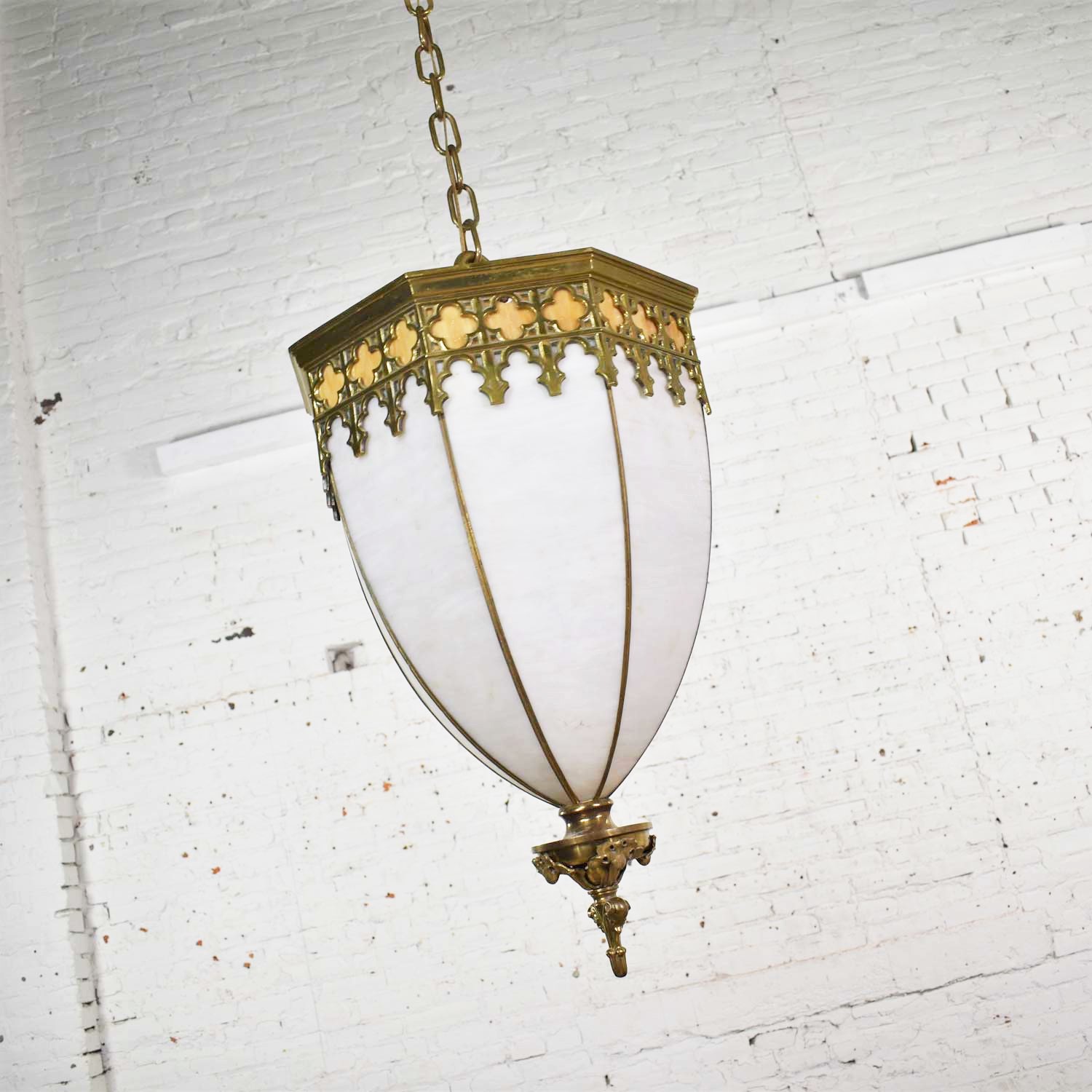 Antique Gothic Style Slag Glass and Brass Octagon Chandelier Pendant Light, 2 Available